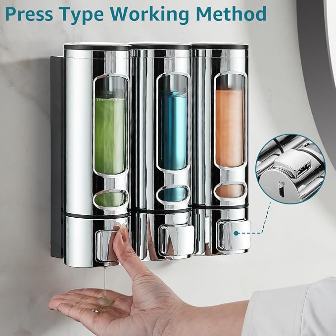 Shampoo and Conditioner Dispenser,Shower Shampoo Dispenser 3 Chamber No Drilled Shampoo Dispenser for Shower Wall Mounted Shower Dispenser Body Wash Dispenser for Bathroom Kitchen Hotel,Chrome