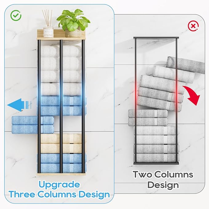 Towel Racks for Bathroom Wall Mounted, 3 Bar Wall Towel Rack for Rolled Towels, Metal Towel Holder with Wooden Shelf, Sturdy and Large Capacity, Towel Storage Organizer