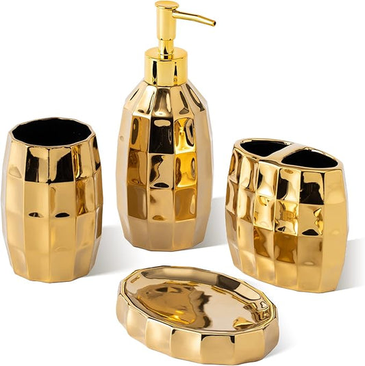 Bathroom Accessories Set, Golden Mosaic Ceramic Bathroom Accessory Sets Include Lotion Dispenser, Toothbrush Holder Tumbler, and Soap Dish