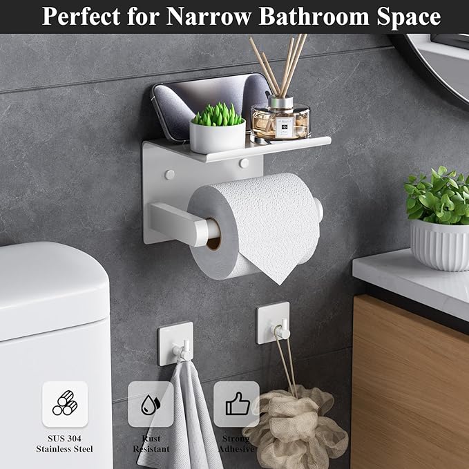 Tindbea Toilet Paper Holder with Phone Shelf + Towel Robe Hooks, Adhesive or Screw Wall Mounted Toilet Paper Roll Storage Dispenser, Stainless Steel Bathroom Tissue Roll Holder (White)