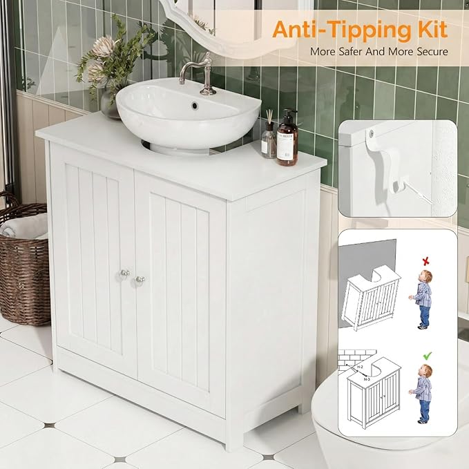 Bonnlo Pedestal Sink Storage Cabinet with 2 Doors Traditional Under Sink Cabinet Bathroom Space Saver Organizer with Adjustable Shelf White 23 5/8" W x 11 7/16" D x 23 5/8" H