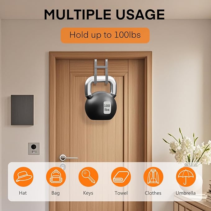 FYY Over The Door Hooks - 2 Pack Heavy Duty Double-Hanger Organizer for Bathroom Bedroom Dorm, Hanging Clothes Towels Hats Bags Ironing Board Wreath Robe - Fits Interior Doors Up to 1 3/8" Grey