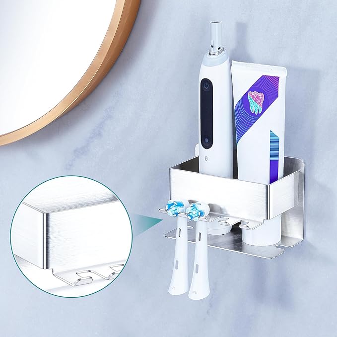 Toothbrush Head Holders, Electric Tooth Brush Head Holder, Adhesive Toothpaste Holder for Shower Bathrooms, Wall Mounted Tooth Brushing Holder Organizer Storage (Silver, Small)