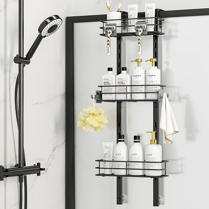 ODesign Over The Door Shower Caddy, 3-Tier Adjustable Hanging Caddy with 4 Hooks, Rustproof Bathroom Organizer with Suction Cup, Shower Shelf Rack for Shampoo, Razor - Black
