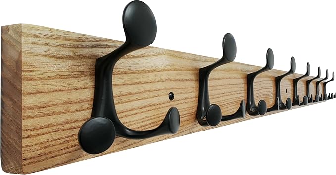 SKOLOO 43-Inch Wood Coat Rack Wall Mount with 8 Triple Hooks - Ideal for Family Entrances, Classrooms, and Pet Supplies Storage - Perfect Coat Hooks for Wall, Black on Natural