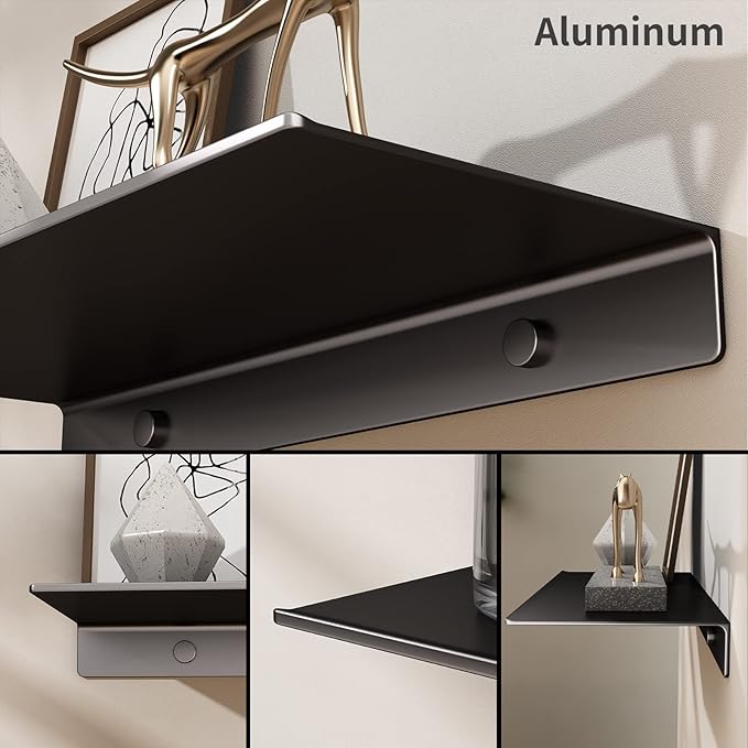 Danpoo 16 inch Metal Floating Shelves for Wall Organizer & Storage, Display Shelves for Bathroom, Living Room, Kitchen, Bedroom(Matte Black, 2-Pack)