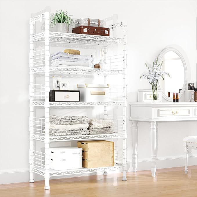 FUTASSI Large Metal Storage Rack, Storage Organizer Shelves for Kitchen, Bathroom, Living Room, Balcony and Garage, 5 Tiers Narrow Bookshelf, 29.5" W x 9.4" D x 59.2" H, Load 480lbs, White