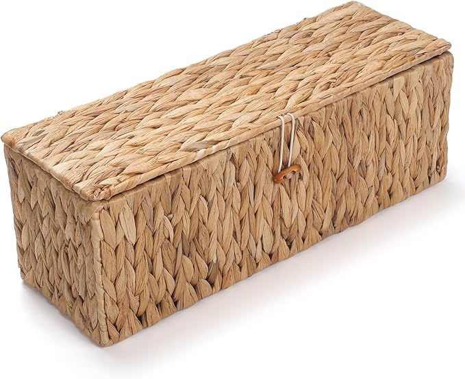 Wicker Bathroom Basket with Lid, Water Hyacinth Toilet Tank Basket with 3 Compartments, Woven Storage Box for Bathroom Organizer (16.7 x 5.7 x 5.7 inch)