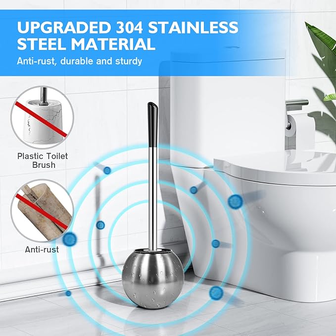 Toilet Brush and Holder 2 Pack, 304 Stainless Steel Toilet Brush with Extended and Durable Comfortable Brush Handle, Toilet Bowl Brush for Bathroom Toilet - Ergonomic, Pratical Durable