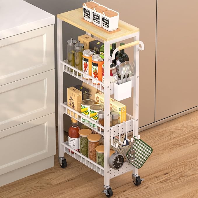 DTUQYX Slim Rolling Storage Cart, 4 Tier Small Organizer Cart with Wheels, Metal Utility Shelf Kitchen Bathroom Laundry Room Organization Trolley with Handle for Narrow Space (9.1" Overall Width)
