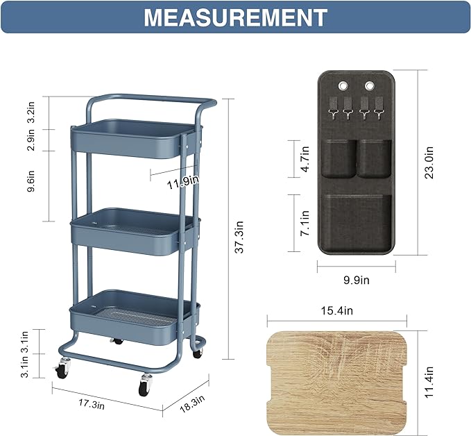 DTK 3 Tier Metal Utility Rolling Cart with Table Top and Side Bags, Metal Tray Storage Organizer Cart with Wheels, Art Craft Cart with 4 Hooks for Kitchen Bathroom Office Living Room (Blue)