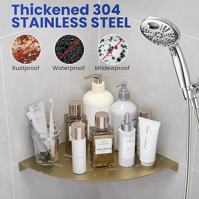2 Pack Corner Shower Shelves Load Capacity 40 lbs 304 Stainless Steel Shower Corner Shelf Will not Rust 8in Shower Shelf for Inside Shower Brushed Gold Drilling Installation