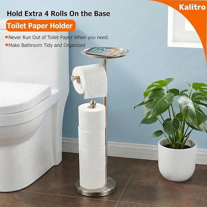 Kalitro Toilet Paper Holder Freestanding with Big Shelf, 4 Rolls Reserve Paper Holder Stand, Modern Paper Roll Holder with Storage Space for Phones (Brushed Nickel)