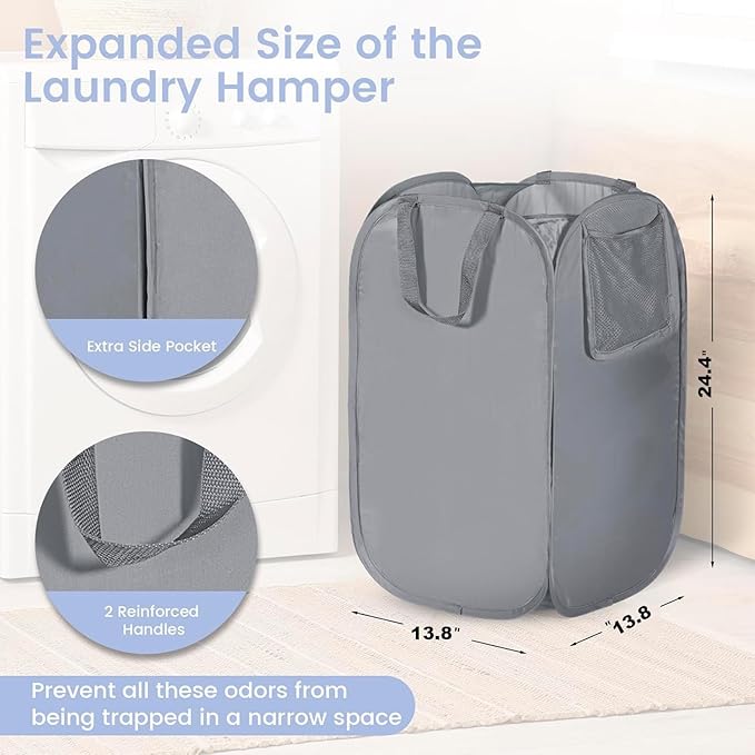 HOUSE AGAIN Upgraded Pop Up Hampers for Laundry, Collapsible Laundry Basket with Durable Handles & High Carbon Steel Frame, Wide Opening, Solid Bottom and Side Pocket for Clothes and Storage(Grey)