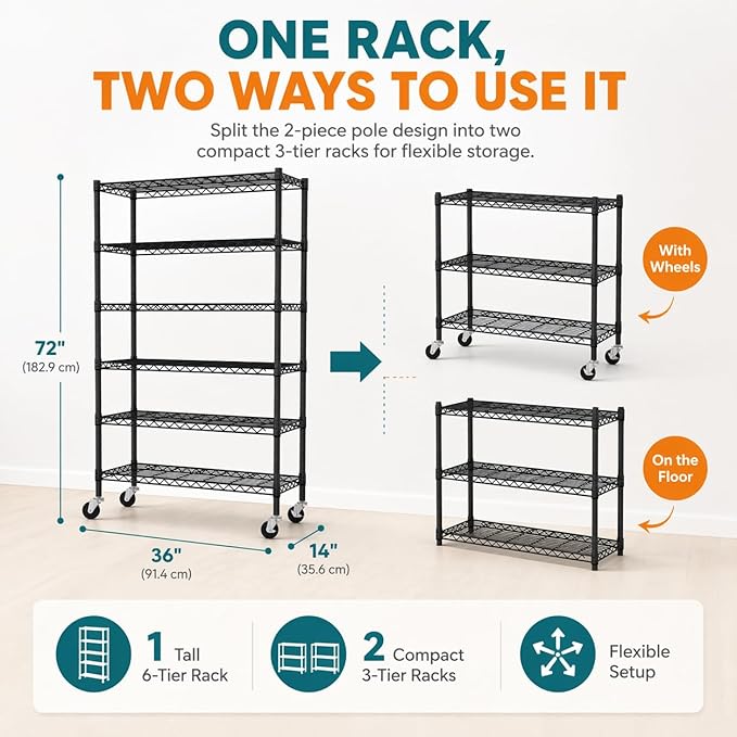 6-Tier Heavy Duty Wire Shelving Unit with Wheels or Leveling Feet, 6000 LBS Total Capacity, Adjustable Metal Storage Rack for Garage, Pantry, Kitchen, Basement, 48" W x 18" D x 76" H, Black
