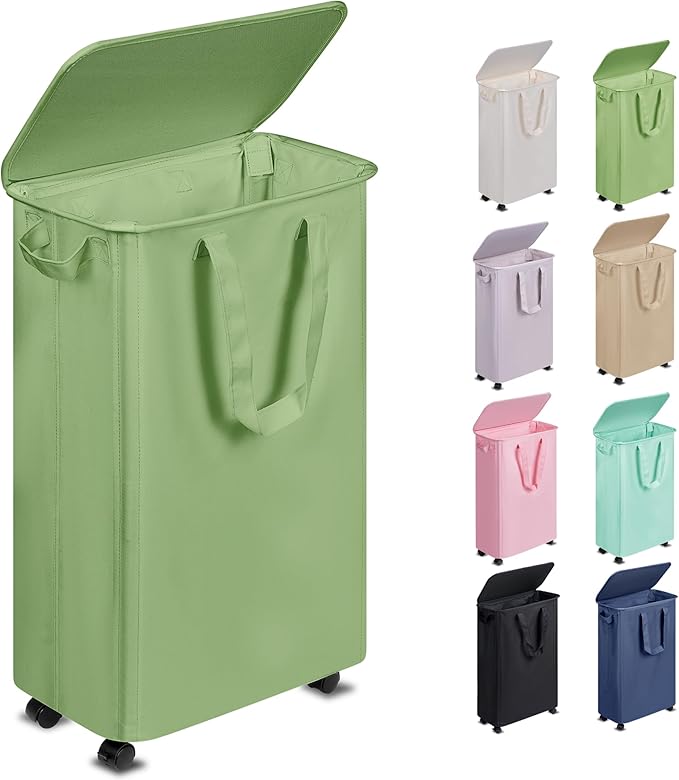 Vincona Slim Laundry Hamper with Lid and Wheels, Small Rolling Laundry Basket with Handle for Small Spaces, Tall Dirty Clothes Hampers for Dorm, Bathroom and Bedroom, 55L, Soga Green