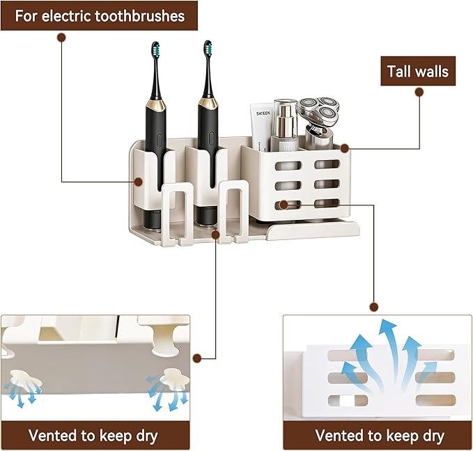Toothbrush Holders for Bathrooms, Designed for Electric Toothbrushes, Ventilated and Drainage Design, Bathroom Organizers and Storage, Wall Mounted, Space Saving Bathroom Accessory