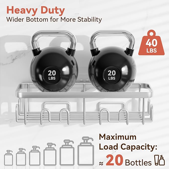 YASONIC Shower Caddy Adhesive, 5 Pack Rustproof Bathroom Shower Organizer, No Drill Shower Shelves for Inside Shower with Soap and Toothbrush Holder, Large Capacity Bathroom Storage, Silver