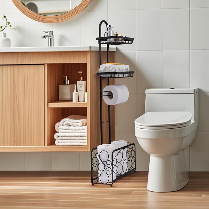 Oasis Creations Toilet Paper Holder Tissue Rack Stand with Magazine Toilet Roll Storage Basket- Freestanding, Black Metal