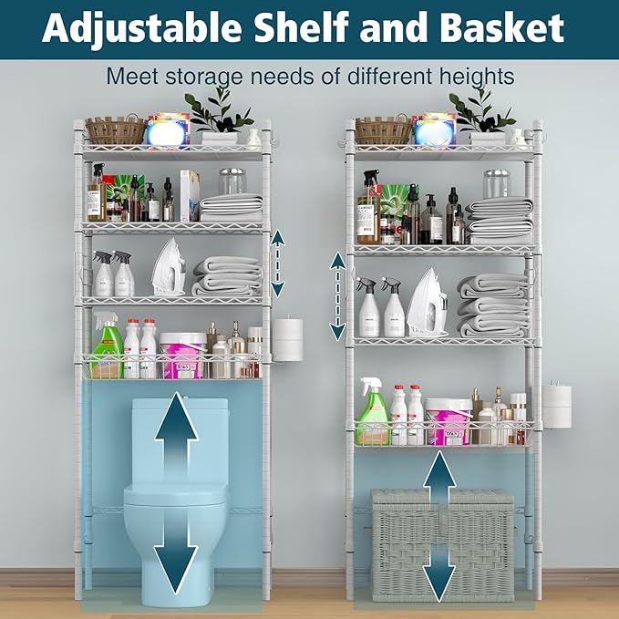 PrimeZone Over The Toilet Storage Rack - 4 Tier Adjustable Bathroom Shelf Organizer, Metal Space Saver Over Toilet with 2 Hooks, Freestanding Above Toilet Storage Shelves for Bathroom Laundry, White