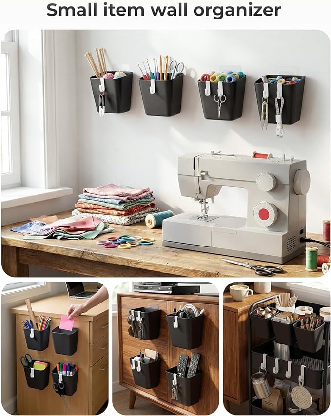 4 Pack Rolling Cart Accessories, Black Craft Cart Cup Holder and 6 Hooks for Utility Carts, Adhesive Kitchen Cabinet Door Storage, Space-Saving Wall Mount Organizer for Bathroom, Office, Makeup