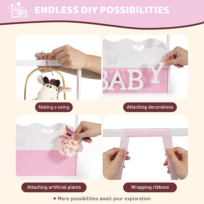 GiftAmaz Pink Wooden Baby Shower Crate Closet, Baby Storage Crate with Handle, Baby Shower Gifts Basket, Baby Welcome Box for Newborn Girls, Pregnancy Gifts for New Parents