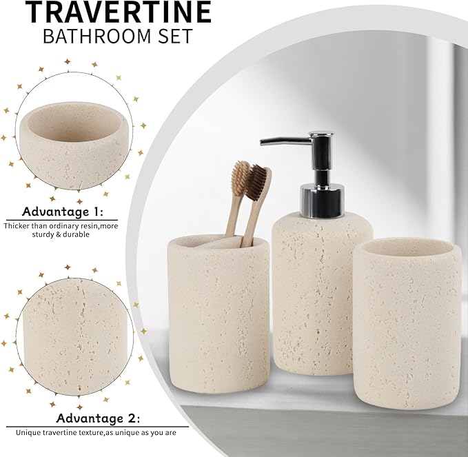 Bathroom Accessories Set,4 Piece Travertine Stone Look Bathroom Accessory Set with Soap Dispenser,Toothbrush Holder,Vanity Tray,Tumbler,Bathroom Organizer for Modern Bathrooms（Light Cream）
