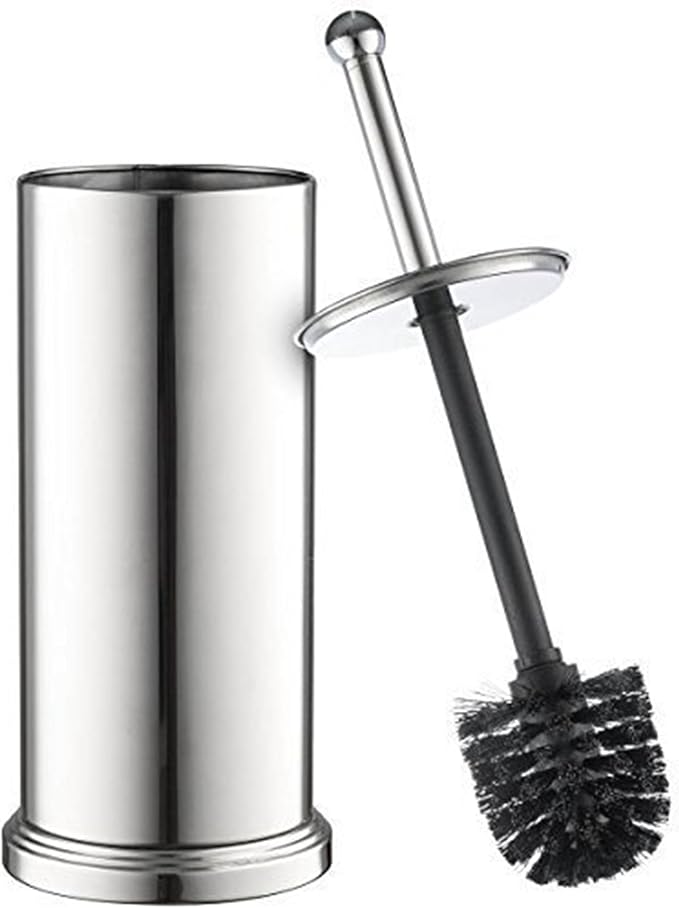 Home-it Chrome Toilet Brush Set for Tall Toilet Bowl with Holder and Lid