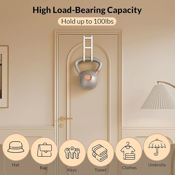Over the Door Hanger Organizer, Heavy Duty Metal Door Hooks for Hanging, Double Hook Coat Rack with Rubber Coating, Slim Fit Towel Holder, Fits Interior Doors Up to 1 3/8"