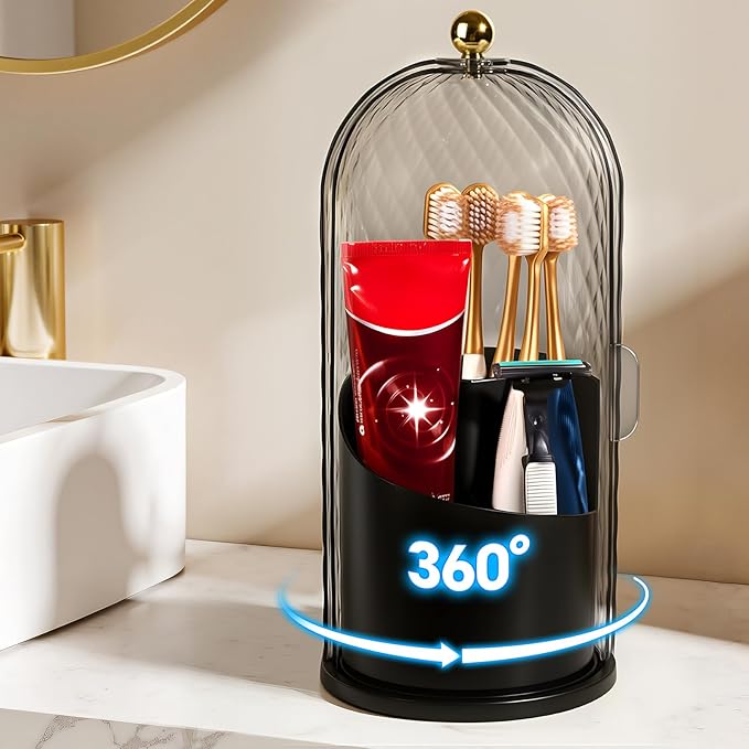 3 Slots Toothbrush Holders with Lid, Rotating Concealed Tooth Brush Holders for Bathroom, Countertop Toothbrush Holder with Cover, Toothpaste Holder for Bathrooms, Makeup Brush Holder(Black)