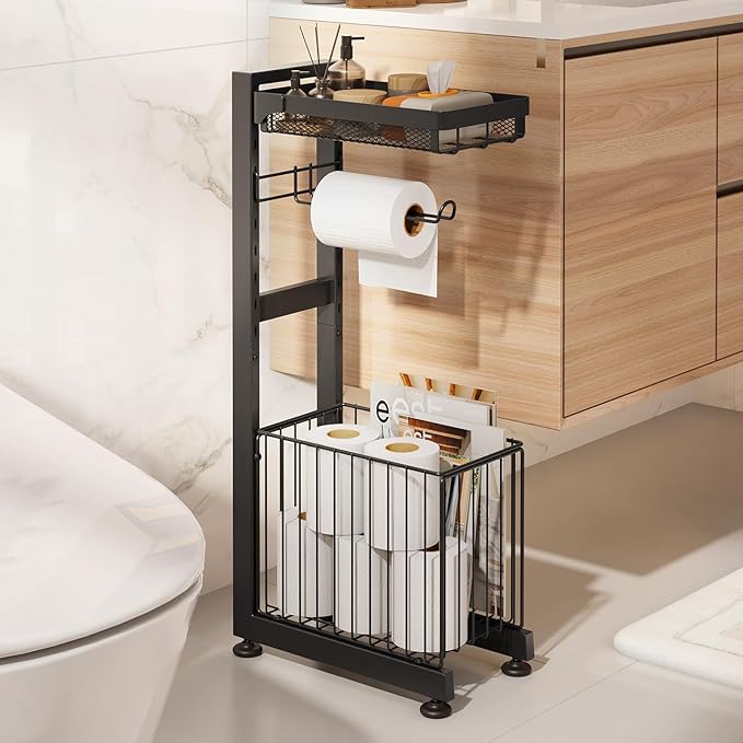 Toilet Paper Holder Stand with Storage Shelf - Multi Tier Metal Toilet Paper Stand with Large Basket for Tissue Rolls, Wipes (Black)