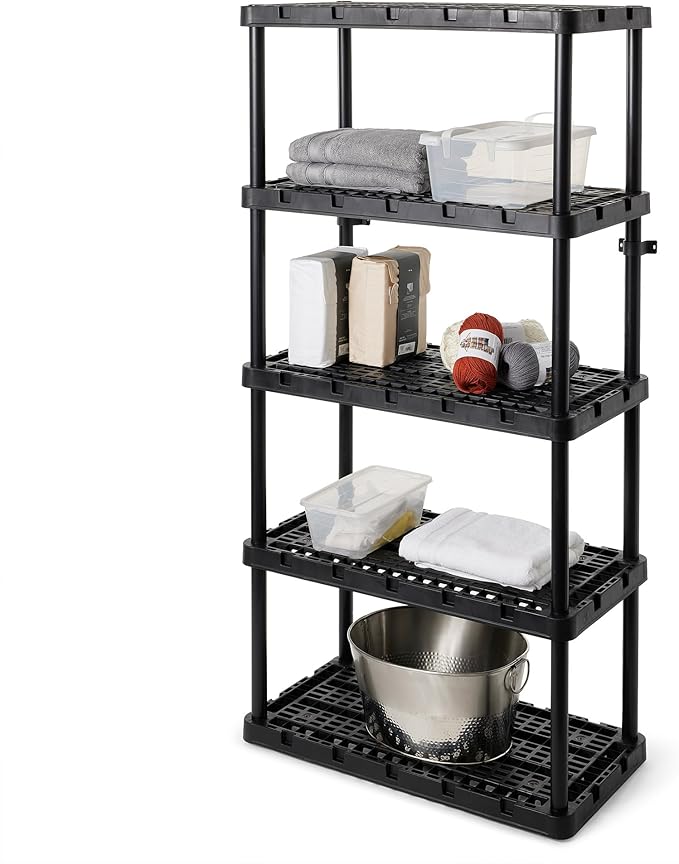 Gracious Living 5-Shelf Plastic Storage Shelves, Heavy-Duty Garage Shelving Unit, Black - Standing Organizer Rack for Kitchen, Bathroom, and Laundry Room