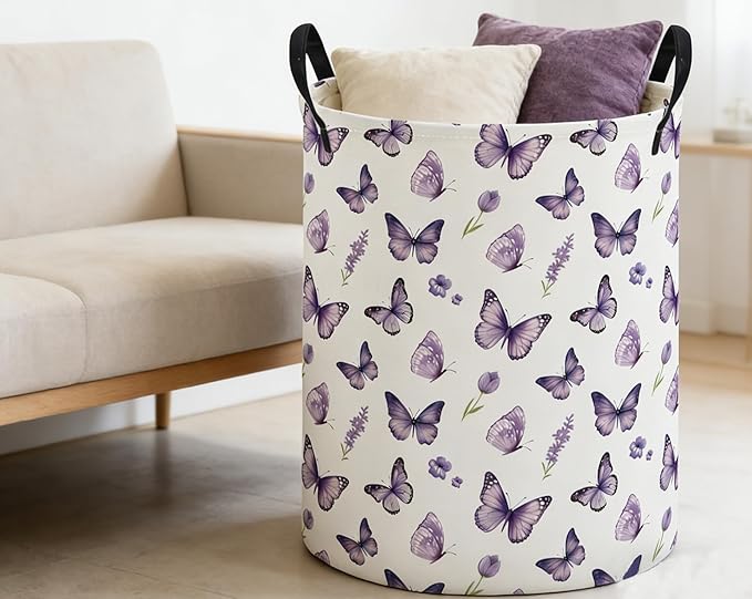 ESSME Kids Laundry Basket,Butterfly Hamper Collapsible Canvas Waterproof Storage Bin for Girls, Cute Hamper,Gift Baskets(Purple butterfly)