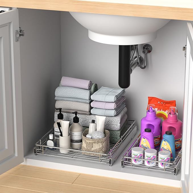 ZOINLIY Pull Out Cabinet Organizer, Versatile Slide Out Kitchen Organizers and Storage,Heavy Duty Drawer Cupboard Storage Basket, Smooth Sliding, Chrome Finish (24.8 * 21inch)