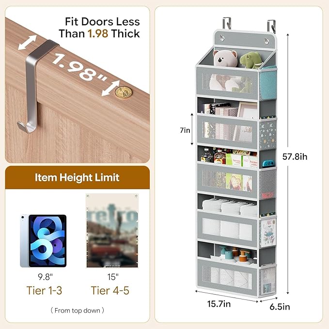 Simple Trending Over The Door Organizer, Hanging Shelves with 5 Large 5 Side Pockets, 44 lb Weight Behind Door Storage for Bedroom,Bathroom, Pantry, Nursery, Grey