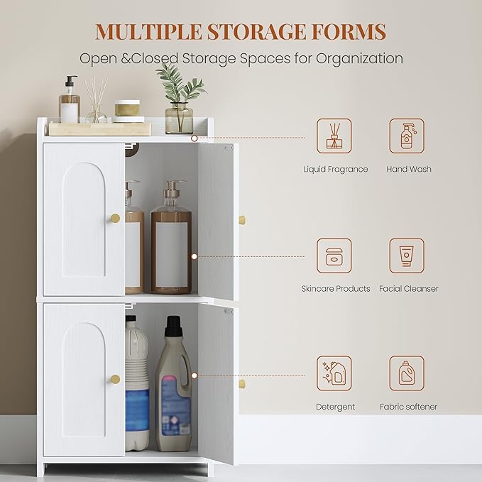 HEXCELEN Small Storage Cabinet, Bathroom Storage Cabinet with 4 Doors, Floor Bathroom Organizer Freestanding for Small Spaces, Living Room, Kitchen, Entryway (Mediterranean, White)