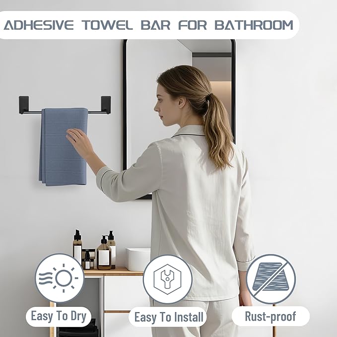 Alise Adhesive Towel Bar, 16 Inch Towel Racks for Bathroom SUS 304 Stainless Steel,Bathroom Towel Holder No Drill, Strong Self Adhesive Towel Bar, Matte Black