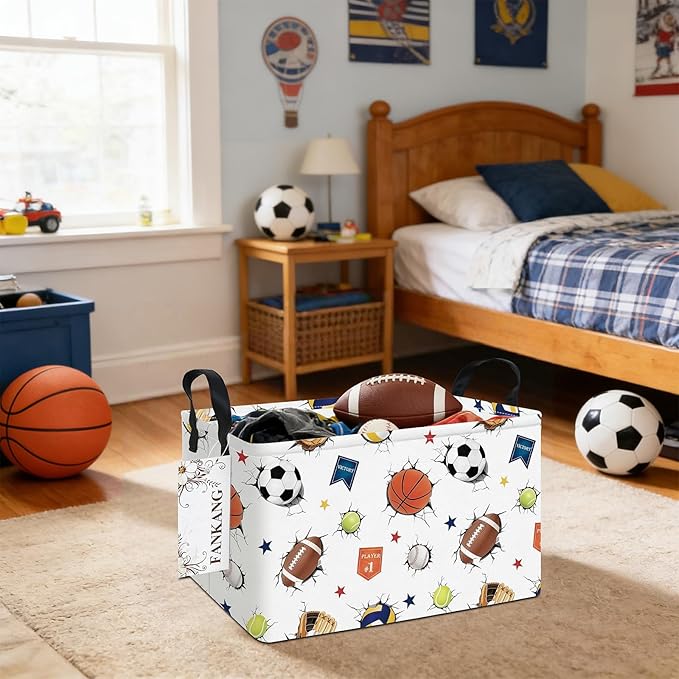 Storage Bins,Nursery Hamper Canvas Laundry Basket Foldable with Waterproof PE Coating Storage Baskets for Boys and Girls, Office, Bedroom, Clothes,Toys(Rec-3D Sports Balls ）