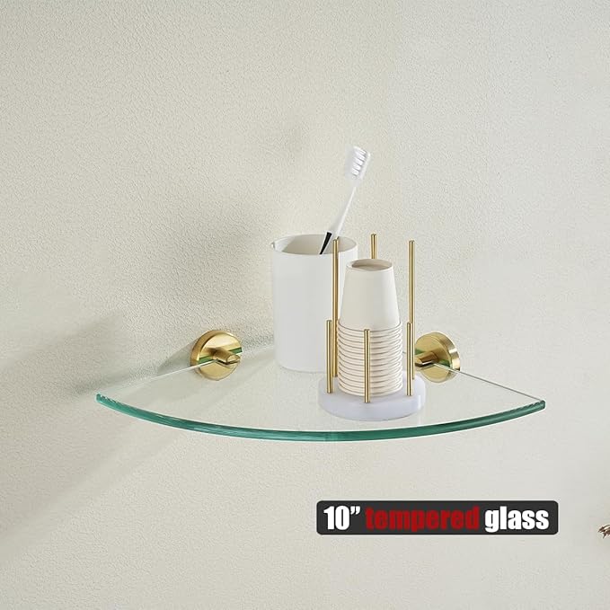 JQK Corner Glass Shelf 10.67 Inch, Brushed Gold Bathroom 304 Stainless Steel Shower Triangle Floating Wall Shelf Tempered Glass, 3 Pack TGS190L10-BG-P3
