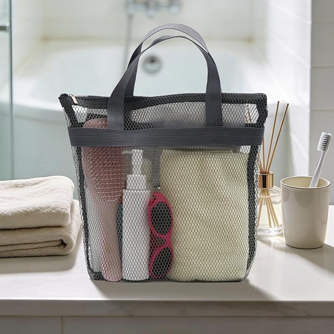 Mesh Shower Caddy, Portable Shower Bag, Quick-Dry Hanging Caddy Bath Organizer with Zipper, Toiletry Bag Essentials for Camping Travel College Dorm Room Gym (Grey)