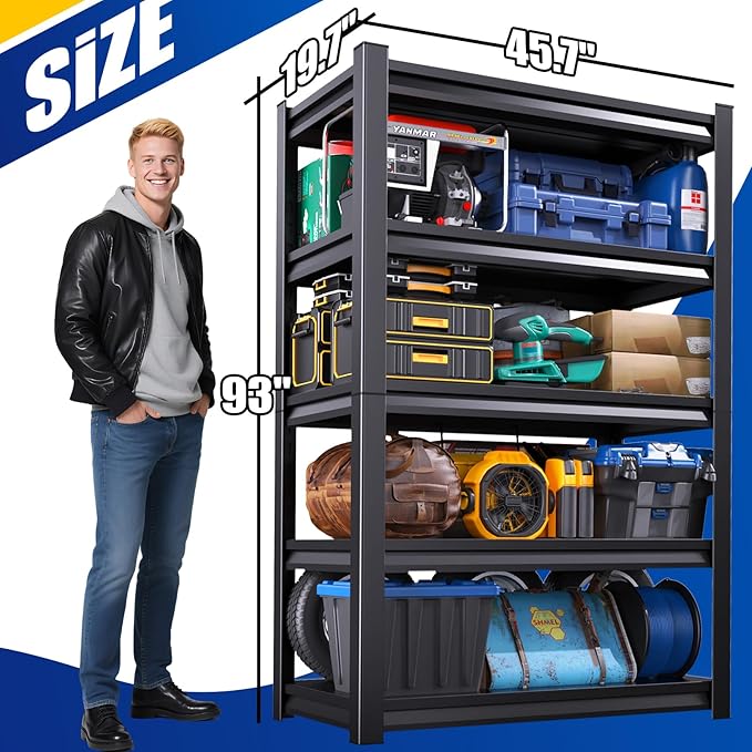 72"H Garage Shelving, Adjustable Garage Storage Shelves 3000LBS Heavy Duty Shelving 5-Tier Metal Shelving Units fou Garage, Utility Shelf Rack for Warehouse,Basement, Shop, 72''H x 45.7''W x 19.7''D