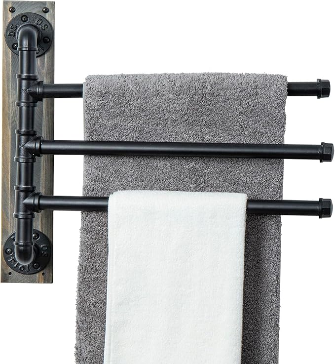 MyGift 17.3 Inch Wall Mounted Bathroom Swivel Towel Rack on Vintage Gray Solid Wood Board, 3 Tier Industrial Black Metal Pipe Bars with 180 Degree Swing for Towels