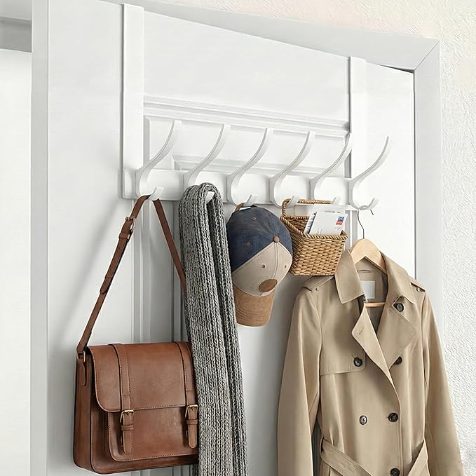 Peasulin Over The Door Hooks, Door Hanger with 12 Coat Hooks, 7.4" Extended Arm Over Door Towel Rack, Aluminum Alloy Rust-Proof, No Drilling, for Bathroom Bedroom Closet Entryway (White)