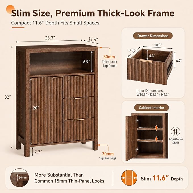 VINGLI Bathroom Floor Storage Cabinet with 3 Drawers, Modern 32" Freestanding Short Storage Organizer with Fluted Door & Adjustable Shelf, 12 Inch Deep Walnut Wooden Console for Small Space