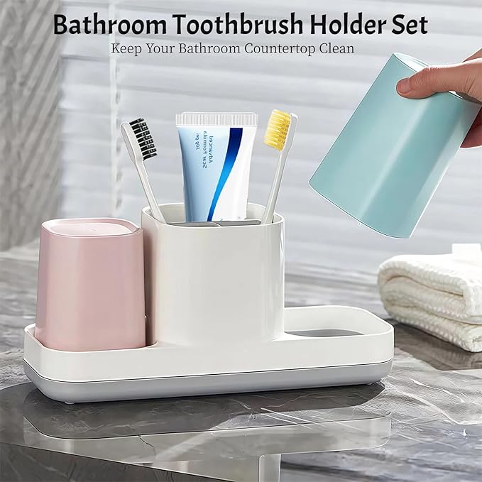 Toothbrush Holder for Bathroom, Kids Toothbrush Holder with Cups, Electric Toothbrush Holder for Bathroom Decor, Kids Bathroom Accessories Set with Toothpaste Holder, Pink & Blue