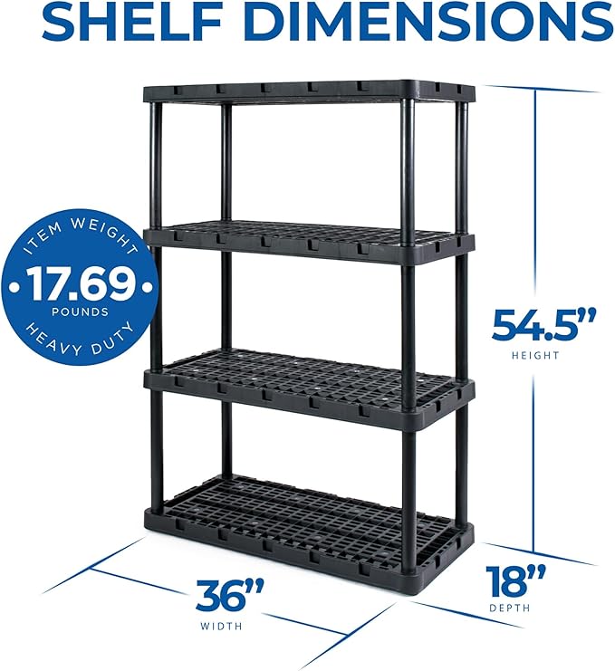 Gracious Living 4 Pack Heavy-Duty Storage Shelves, Knect-A-Shelf 4-Shelf Ventilated Storage Shelving Rack for Home Organization, Black