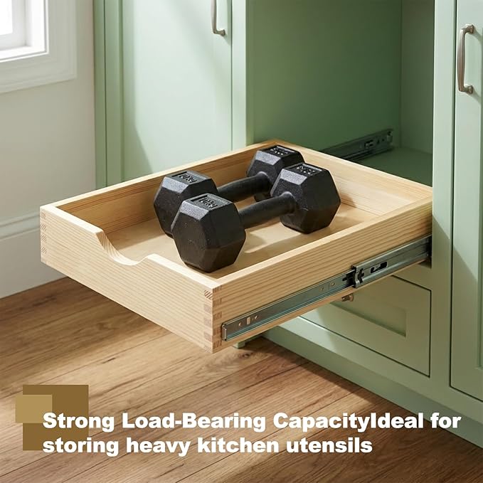 14" Pull Out Cabinet Drawer (Fits 15" Cabinet Opening), Wood Slide Out Cabinet Shelf Organizer with Ball Bearing Slides, Clear Lacquer Finish, Heavy Duty Kitchen Cabinet Pull Out Shelves