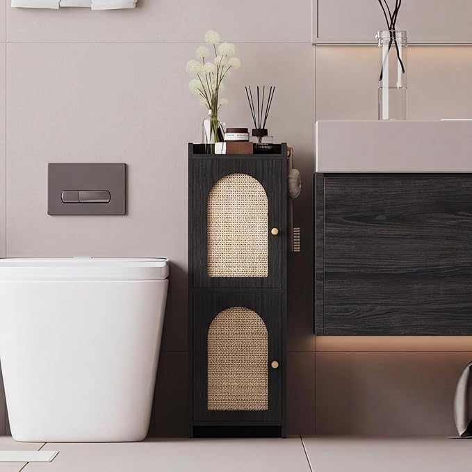Rattan Bathroom Storage Cabinet,Corner Floor Cabinet with 2 Doors and Adjustable Shelf, Narrow Toilet Paper Cabinets with 2Hooks,Toilet Organizer for Small Spaces,7.87"D*9.84"W*29.72"H（Black）