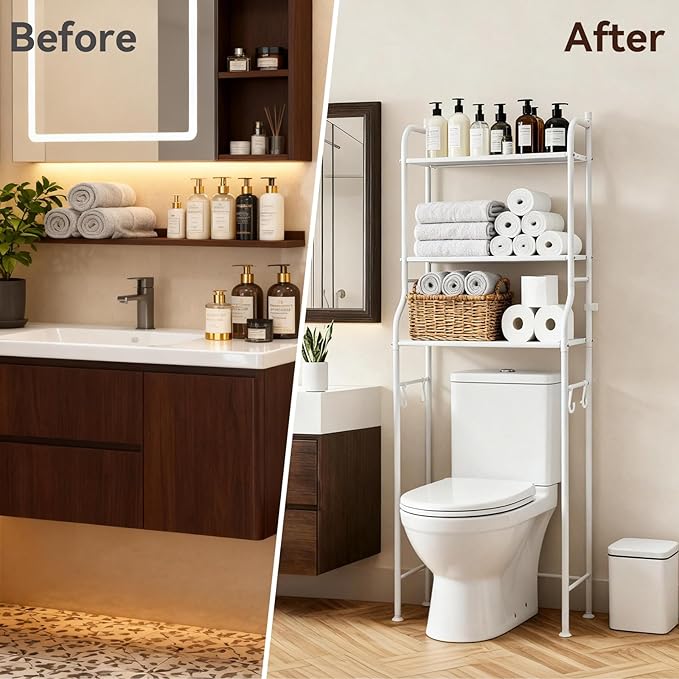 3-Tier Over The Toilet Rack,Bathroom Shelf Space Saver,Corner Stand Storage Organizer Accessories,The Over The Toilet Storage,with Hanging Rod,Tower Shelf,White