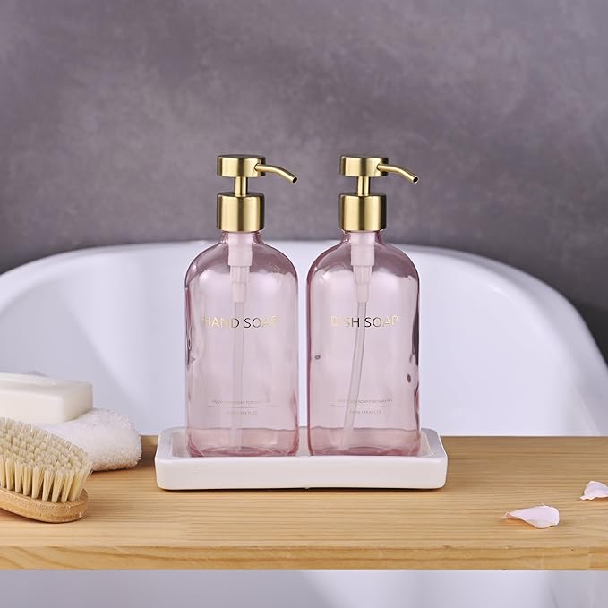 Glass Kitchen Soap Dispenser Set with Ceramic Tray,16.9 floz Hand and Dish Soap Dispenser for Kitchen and Bathroom Decor (Pink Bottles + Gold Pumps)